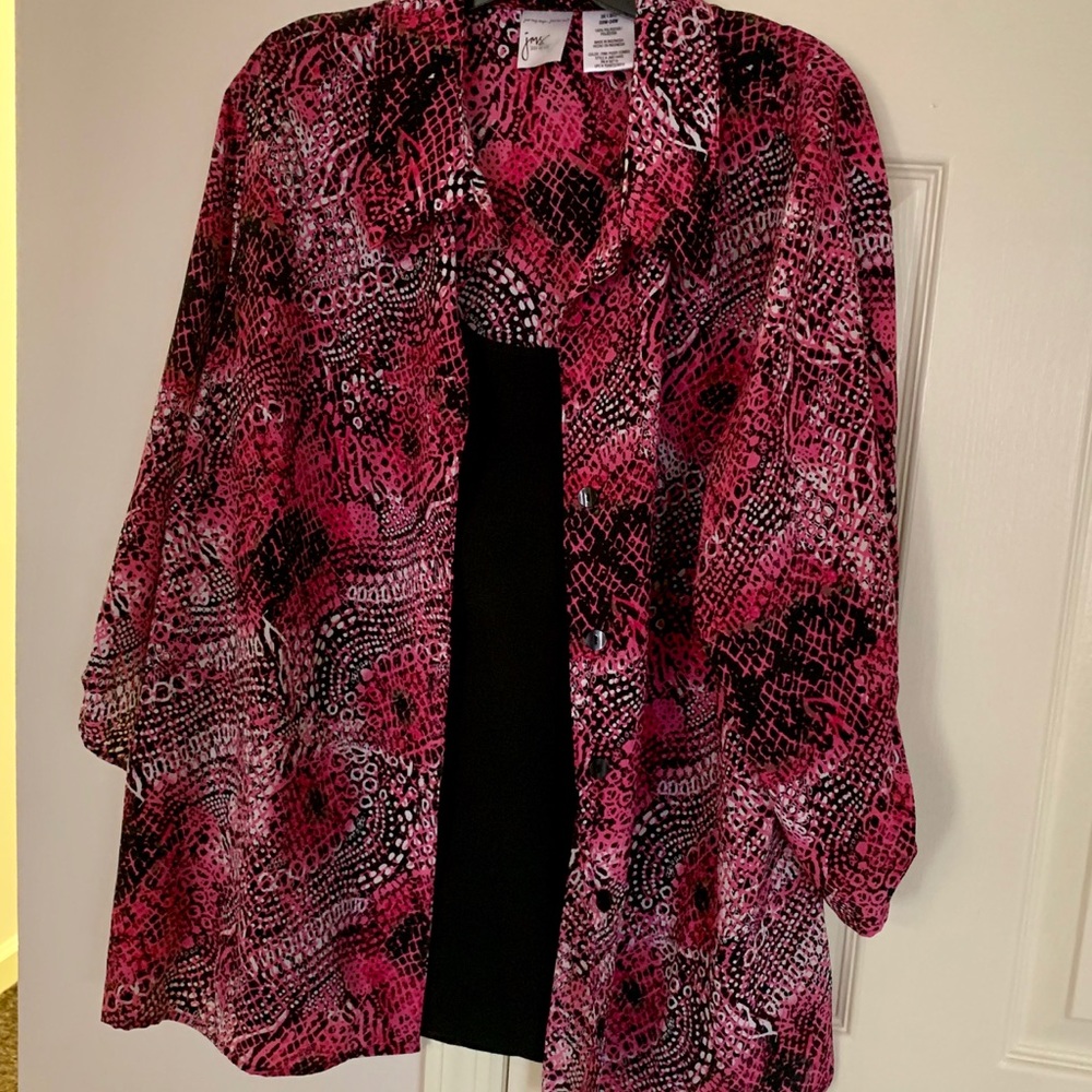 Pink & Black patterned Blouse w/faux black tank